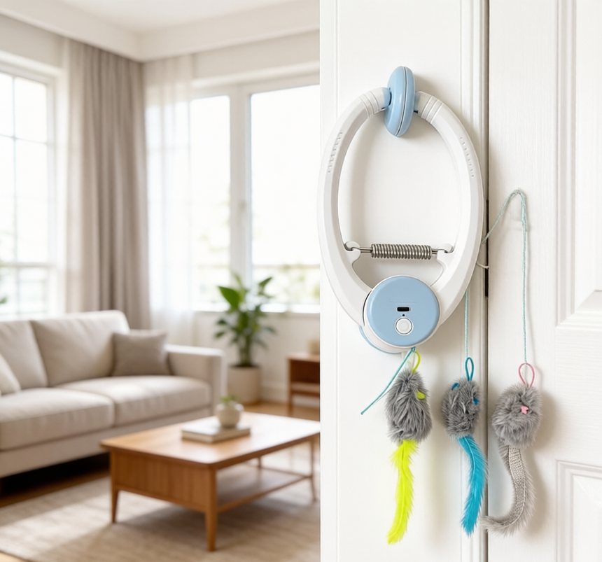 Jouet pour chat à fixer sur une porte
