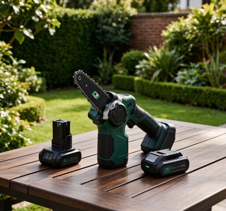 Mini tronçonneuse sans fil, guide 6 pouces et 2 batteries