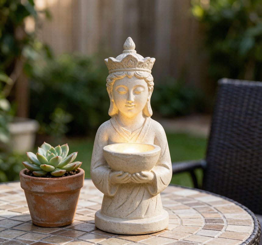 Statue solaire de jardin en résine avec LED et succulente