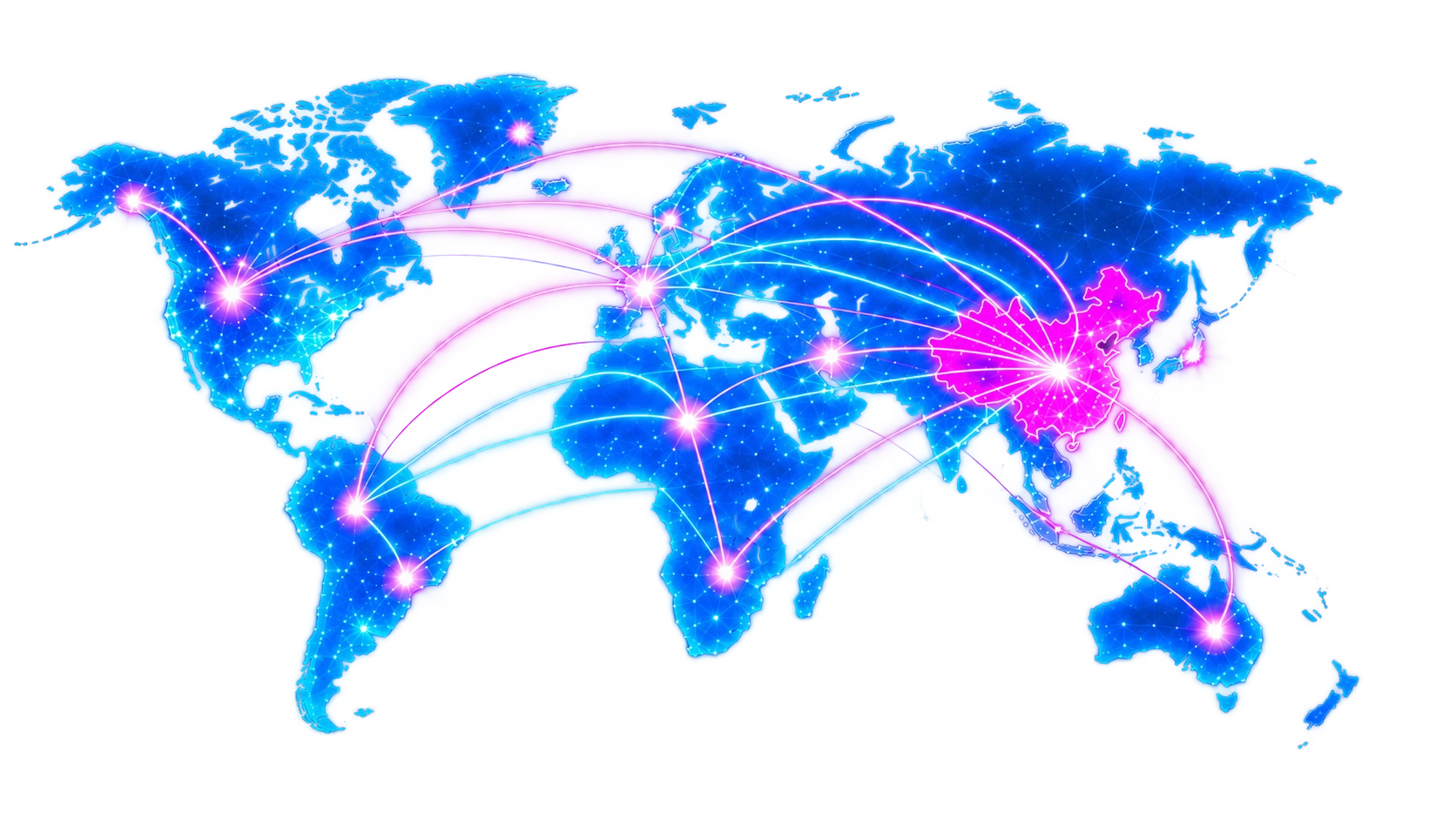 Carte du monde avec les liaisons lumineuses depuis la Chine